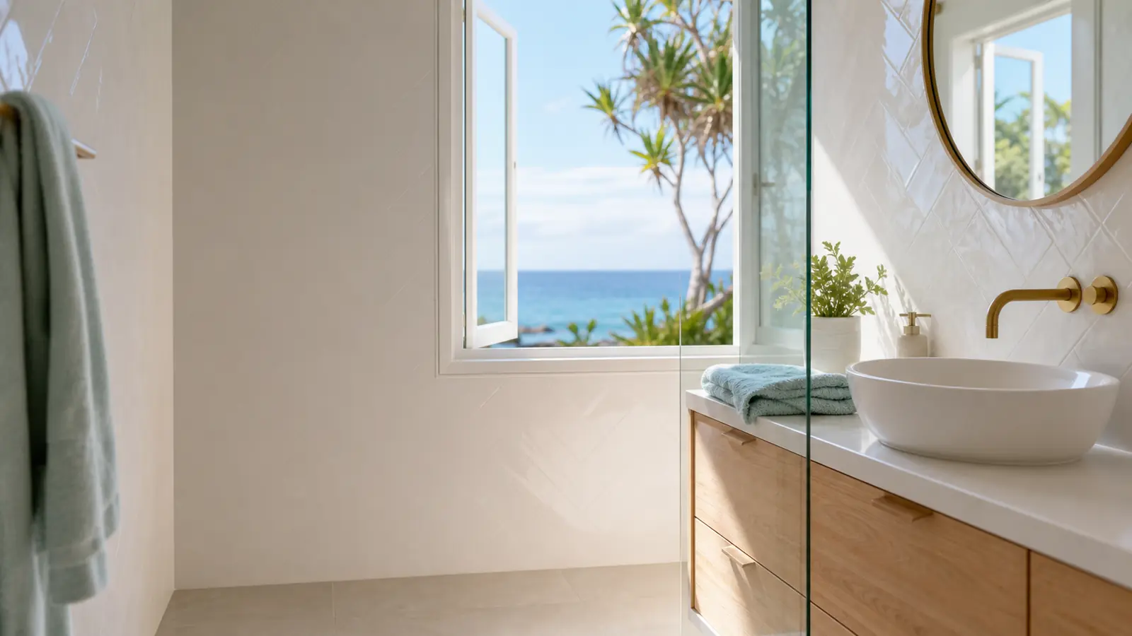 Bright, freshly aired Brighton bathroom with dry, gleaming tiles