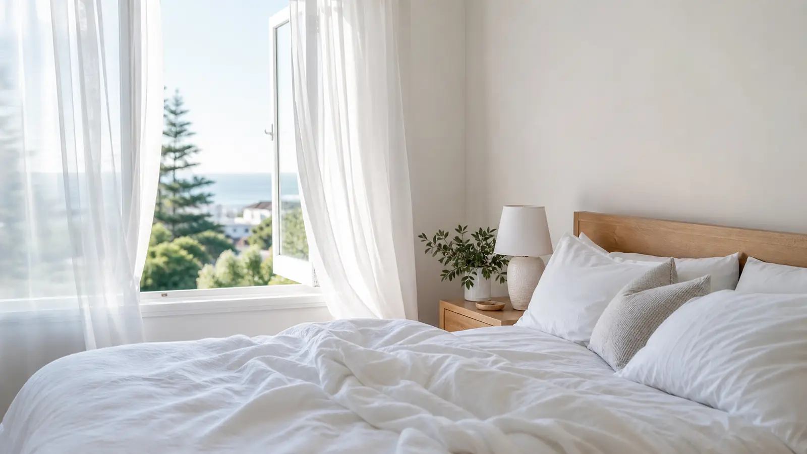 Serene Brighton bedroom with fresh white bedding and soft morning light