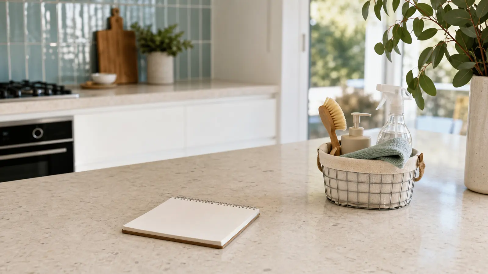Clean Brighton kitchen with a quote pad and cleaning supplies on the bench