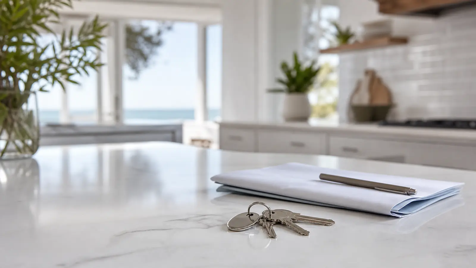 Lease paperwork and keys on a clean kitchen island in a Brighton home