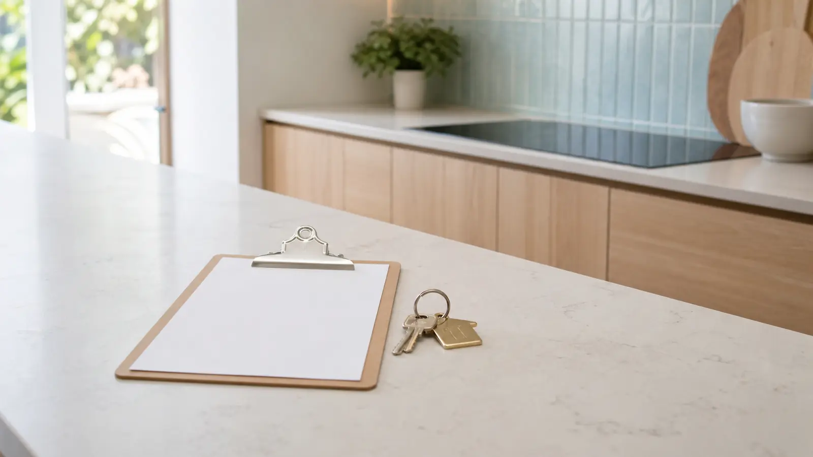 Clean Brighton kitchen with an inspection clipboard and house keys on the bench
