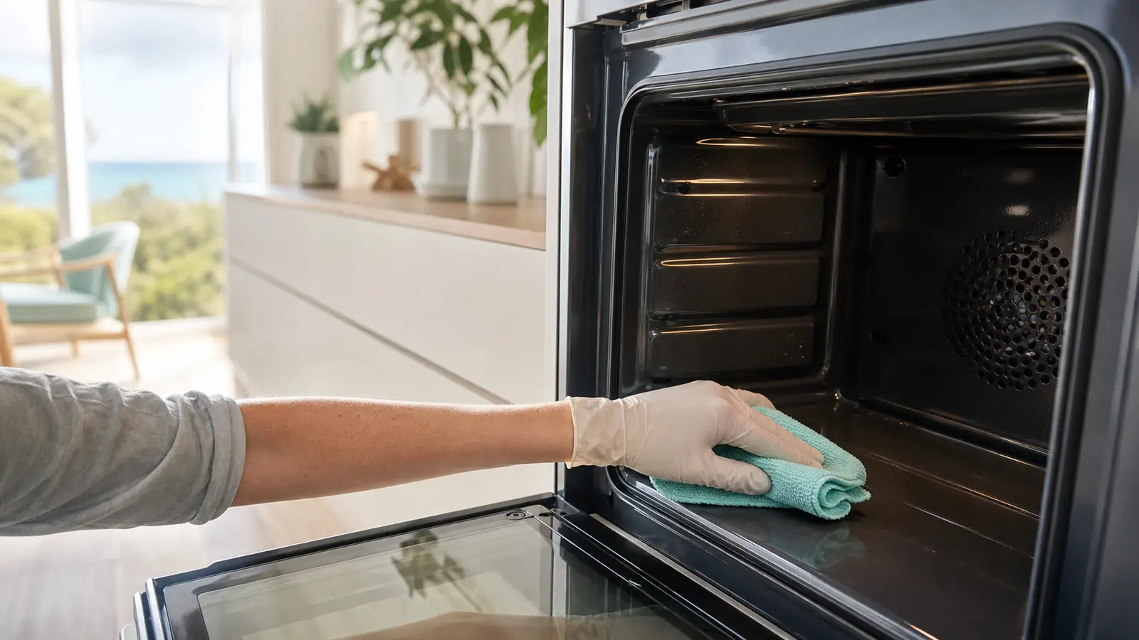 Close-up of a gloved hand cleaning inside an oven, a commonly missed spot